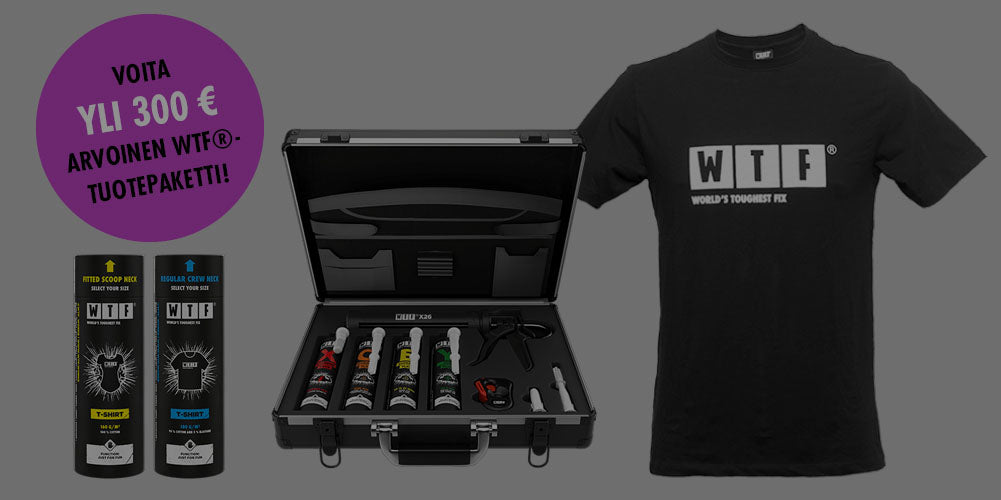 WTF T-shirt, cartridge case filled with products and T-shirt tubes